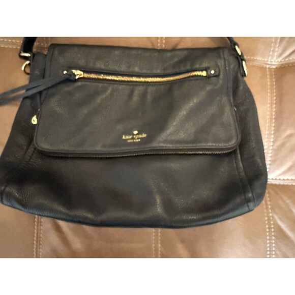 Kate Spade Black Leather Tote Purse Gold Zipper Accent Fold Over - Picture 2 of 12